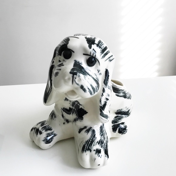 unmarked Other - Vintage Black White Puppy Planter Ceramic Brush